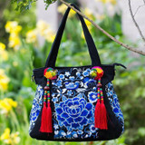 Ethnic Style Embroidery Versatile Canvas Oblique Tassel Shoulder Bag