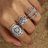 Boho Ring Set Purple Stone Lotus Flower Rings Crystal Tribal Knuckle Rings 4pc set