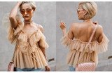 VenusFox Vintage Off shoulder Ruffle Mesh Blouses