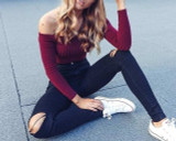 VenusFox Women Off Shoulder Long Sleeve Short Crop Top T Shirts VenusFox Women Off Shoulder Long Sleeve Short Crop Top T Shirts