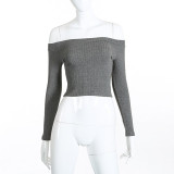 VenusFox Women Off Shoulder Long Sleeve Short Crop Top T Shirts VenusFox Women Off Shoulder Long Sleeve Short Crop Top T Shirts