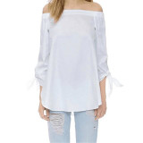 Women Blouse Elegant Bow Blue Off Shoulder Female Blouse Shirt Sexy Summer Girls White blouse