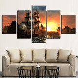 5 Panels HD Printed Canvas Picture Painting Wall Art Sunset Ship Boat Mountain Home Decoration Posters Living Room