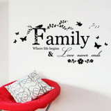 Family Love Never Ends Quote vinyl butterfly Wall Decal Wall Lettering Art Words Wall Sticker Home Decor Wedding Decoration 8346
