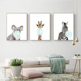 Cute Blue Bubble Gum Animal Zebra Giraffe Koala Kangaroo Canvas Art Abstract Painting Print Poster Picture Wall Home Decoration