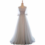 NOBLE WEISS Elegant O-Neck A-Line Sweep Train Lace Evening Dress Cheap Prom Dresses Robe De Soiree