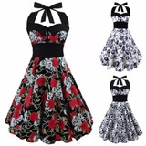 VenusFox Retro Vintage Sleeveless Halter Floral Printed Party Sexy Casual Dress VenusFox Retro Vintage Sleeveless Halter Floral Printed Party Sexy Casual Dress