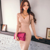 VenusFox Women Knitted V-neck Cotton Skinny Sweater Dress  Slim Bodycon Dress Elegant Sexy Party VenusFox Women Knitted V-neck Cotton Skinny Sweater Dress  Slim Bodycon Dress Elegant Sexy Party