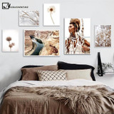 Boho Woman Poppy Flower Nordic Poster Autumn Nature Landscape Print Wall Art Canvas Painting Picture Scandinavian Home Decor