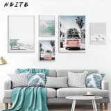 Scandinavian Tropical Landscape Posters Modern Prints Sea Beach Bus Wall Art Canvas
