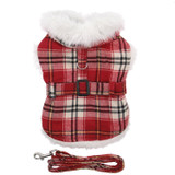 Doggie Design Wool Faxu Minky Fur Harness Jacket with Matching Leash in color Red/White Plaid
