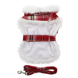 Doggie Design Wool Faxu Minky Fur Harness Jacket with Matching Leash in color Red/White Plaid