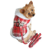 Doggie Design Wool Faxu Minky Fur Harness Jacket with Matching Leash in color Red/White Plaid