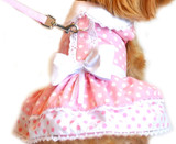 Pink Polka Dots & Bows Harness Party Dress with matching Leash set in Pink/White