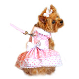 Pink Polka Dots & Bows Harness Party Dress with matching Leash set in Pink/White