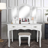 Vanity Beauty Station,Large Tri-Folding Necklace Hooked Mirrors,6 Organization 7 Drawers Makeup Dress Table with Cushioned Stool Set - White