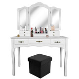 Vanity Beauty Station,Tri-Folding Necklace Hooked Mirrors,6 Organization 7 Drawers Makeup Dress Table with Cushioned Stool and Storage Ottoman-White