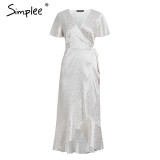 Simplee Lace up leopard print sexy long dress Summer V-neck short sleeve dots plus size dress women Elegant split fashion dress