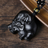 Wealth Lucky Elephant Black Obsidian Necklace