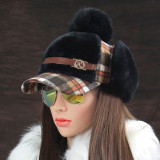 Women Cute Plaid Pompom Earflap Cap Bomber Hat