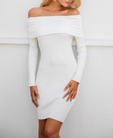 Beige Knit Off The Shoulder Sweater Dress