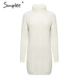 Simplee Elegant knitted dress women Autumn turtle neck female white sweater dress Sexy holiday solid ladies winter teal vestidos