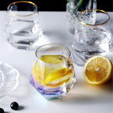 Geometry Whiskey Glass | Diamond Crystal Drinking Glass | Smoky | Golden Rim | Transparent Unicorn Rainbow | Home Bar Drinkware Gifts