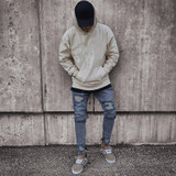 Acid Wash Distressed Denim Jeans with Drawstring