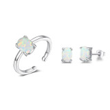 Sterling Silver Jewelry Sets Women White Oval Opal Stone Rings Stud Earrings Bracelets
