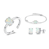 Sterling Silver Jewelry Sets Women White Oval Opal Stone Rings Stud Earrings Bracelets