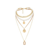 Multilayer Pearl Chain Crystal Pendant Necklace