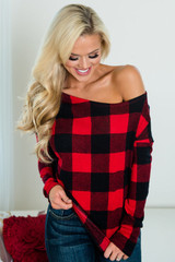Plaid Off Shoulder Textured Long Sleeve Top