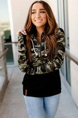 Camo Print Stitching Half Zip Kangaroo Pocket Drawstring Hoodie