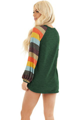 Multicolor Striped Balloon Sleeves Green Knit Top