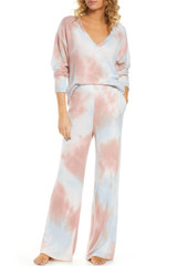 Multicolor Deep V-neck Dropped Shoulder Tie-dye Pajama Set