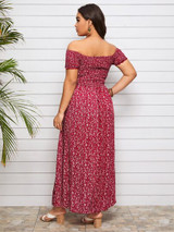 Plus Off Shoulder Shirred Split Ditsy Floral Dress