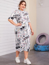 Mock-neck letter graphic dress