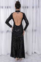Black sequin gown by Evelyn Belluci