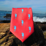 Seahorse Necktie - Coral Pink, Printed Silk
