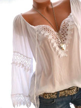 Women's Plus Size Blouse Shirt Color Block Geometric Sexy Long Sleeve Lace Fashion Hollow V Neck Tops Basic Top White Black Red-804