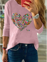Women's T shirt Heart Floral Flower Long Sleeve Round Neck Tops Basic Top White Blue Blushing Pink