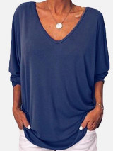 Women's T-shirt Solid Colored Long Sleeve V Neck Tops Loose Cotton Basic Top White Black Blue