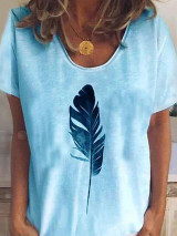 Women's T-shirt Gradient Feather V Neck Tops Loose Basic Top White Light Blue Women's T-shirt Gradient Feather V Neck Tops Loose Basic Top White Light Blue