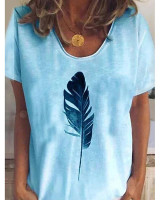 Women's T-shirt Gradient Feather V Neck Tops Loose Basic Top White Light Blue Women's T-shirt Gradient Feather V Neck Tops Loose Basic Top White Light Blue