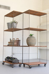 Kalalou Hinged Raw Metal & Honey Wood Shelving Units On Casters CQ6963 Kalalou Hinged Raw Metal & Honey Wood Shelving Units On Casters CQ6963