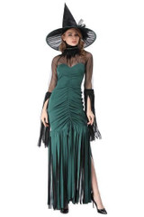 BFJFY Halloween Women's Costume Green Tassel Witch Cosplay Dress Outfit