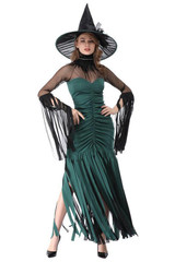 BFJFY Halloween Women's Costume Green Tassel Witch Cosplay Dress Outfit
