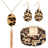 Hicarer 3 Pieces Leopard Jewelry Set Leopard Leather Bracelet Dangle Earring Necklace for Women (Oval Necklace Jewelry Set)