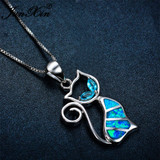 925 Sterling Silver Filled Cat with Blue Fire Opal Pendant Necklace