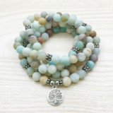 Amazonite Mala Bracelet with 108 Frosted Amazonite Stone Beads and Charm